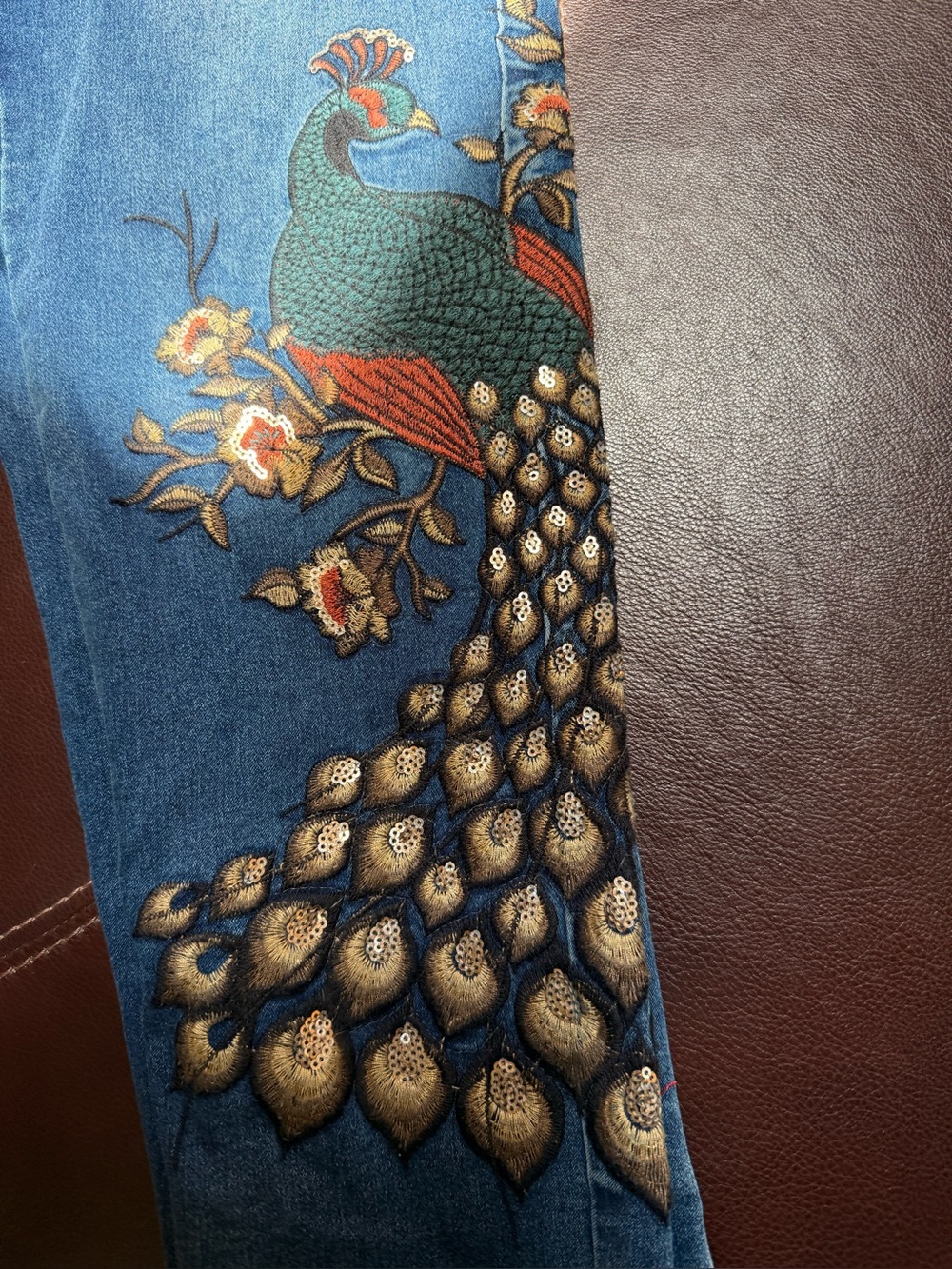 DG2 by Diane Gilman Blue Denim Straight leg Jeans with Embroidered Peacock